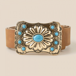 Concho Western Medallion Oversized Statement Buckle Vegan Leather Belt
