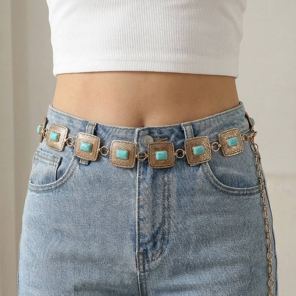 Western Concho Turquoise Square Chain Belt