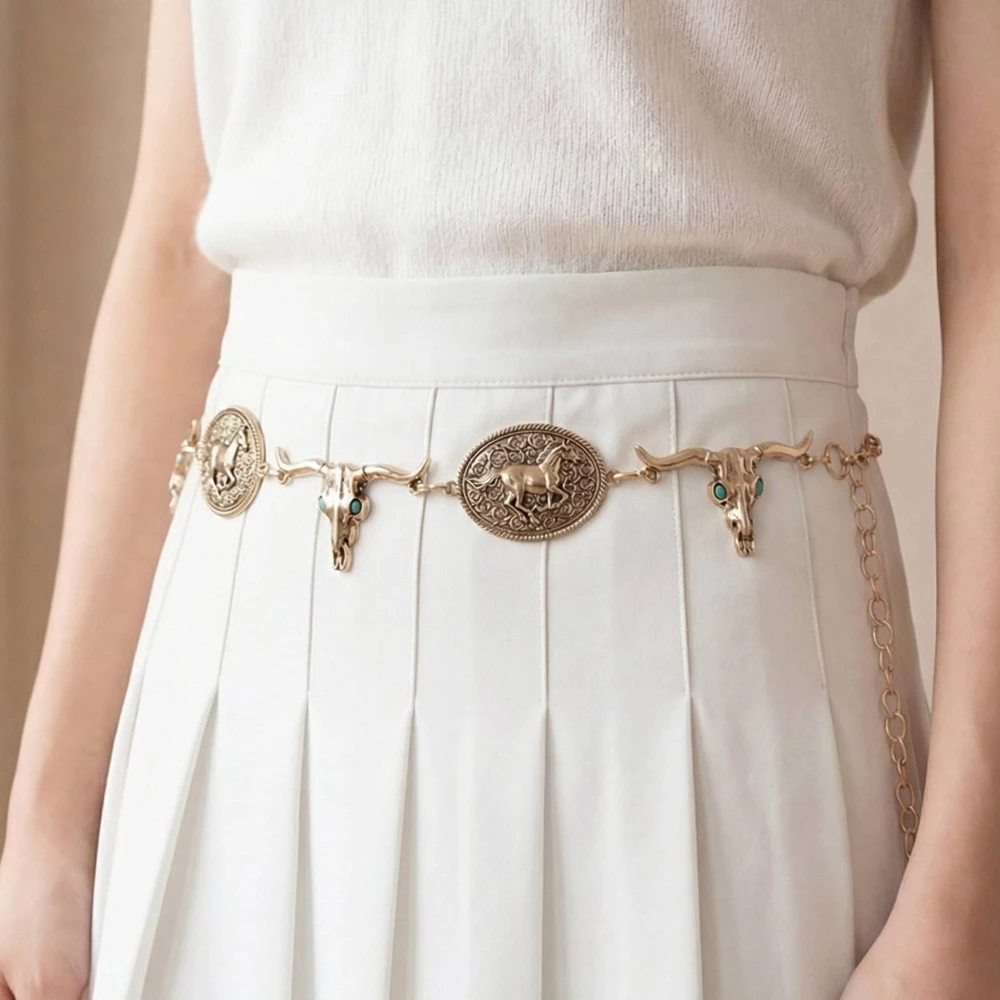 Western Horse Disc And Long Horn Chain Belt