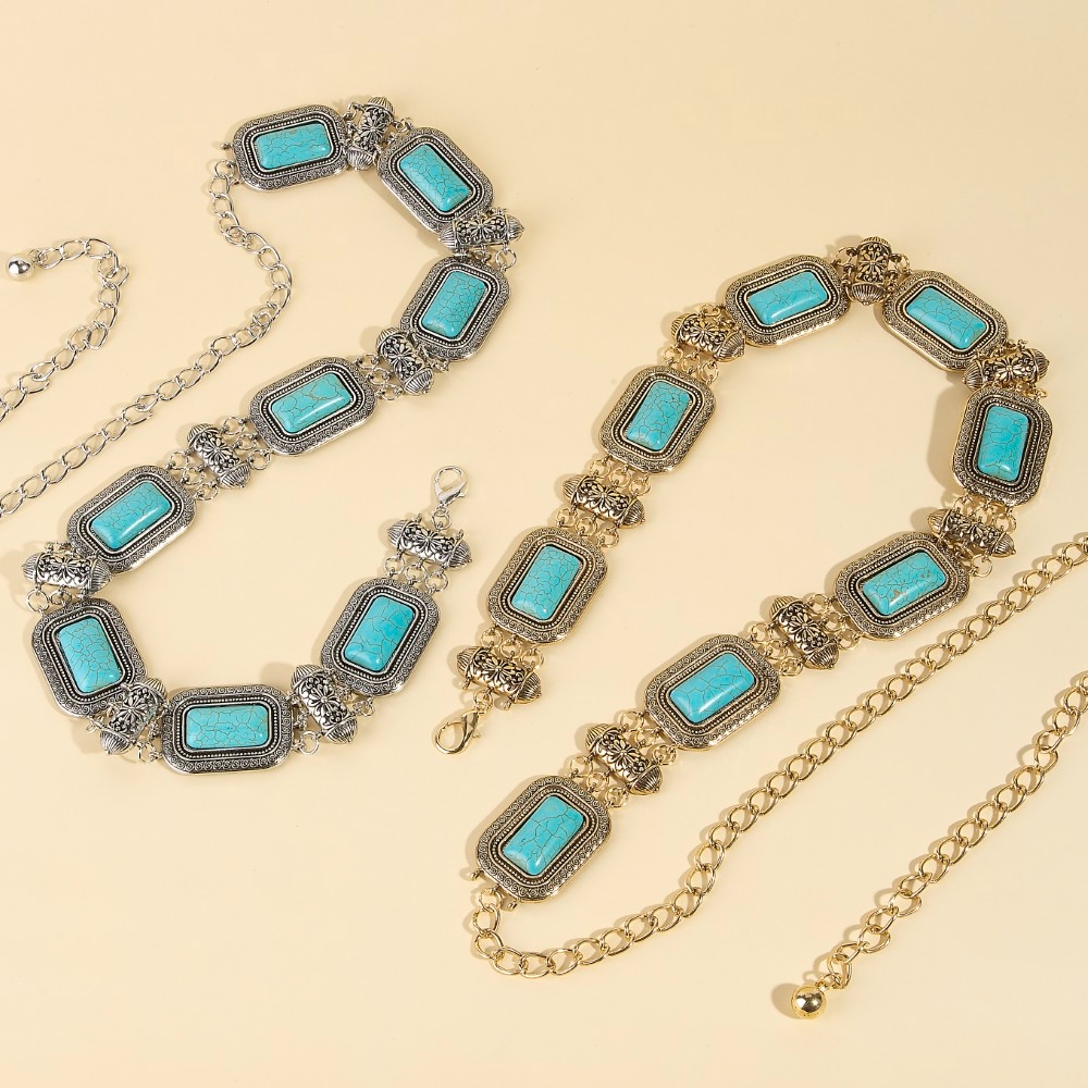 Rectangle Turquoise Stone Western Concho Chain Belt