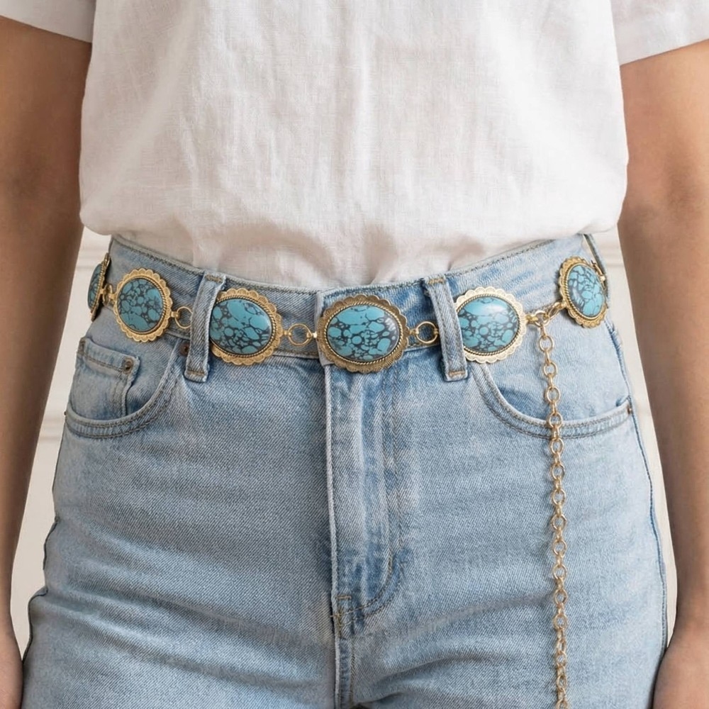 Western Turquoise Stone Oval Concho Disc Chain Belt