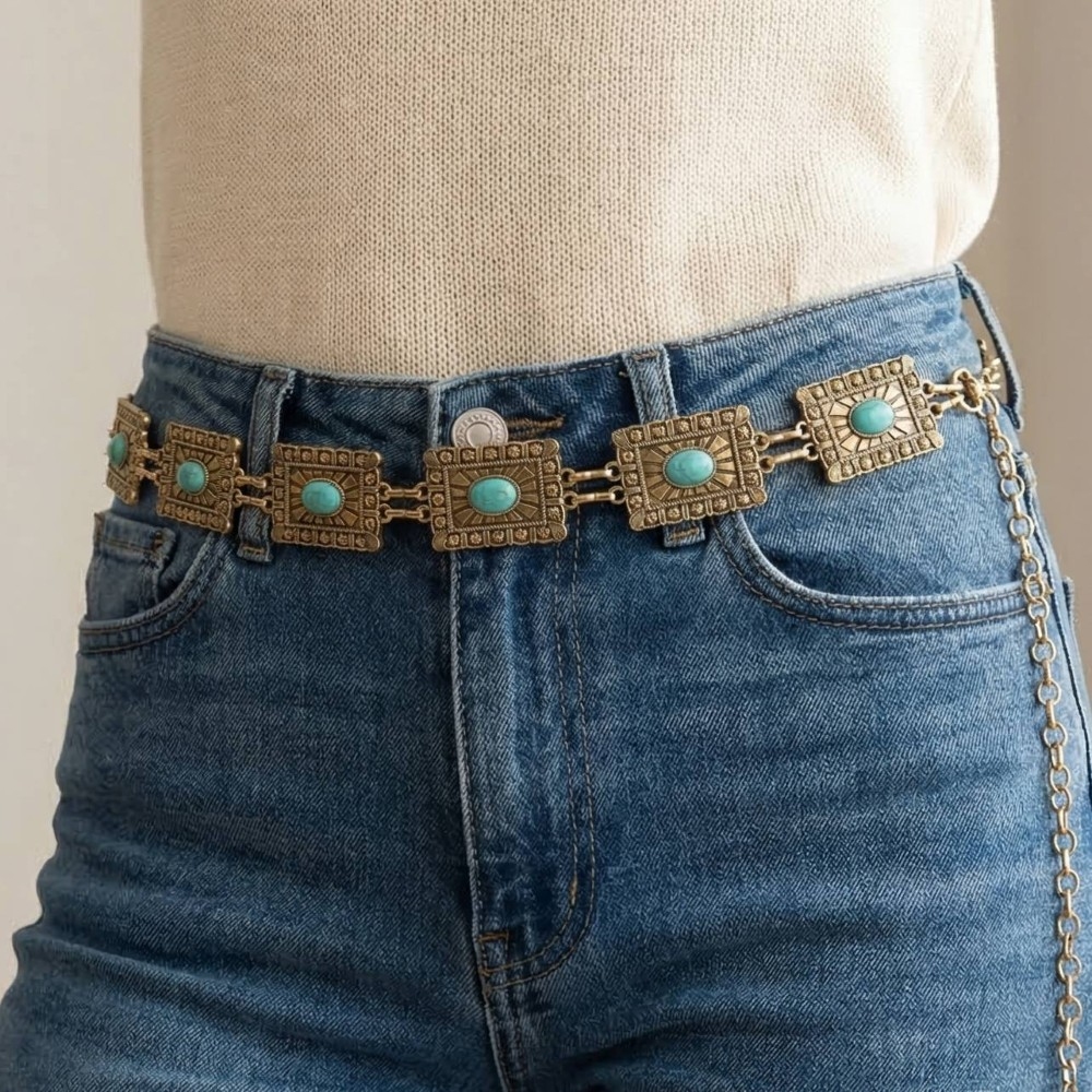 Western Style Concho Rectangle Chain Belt
