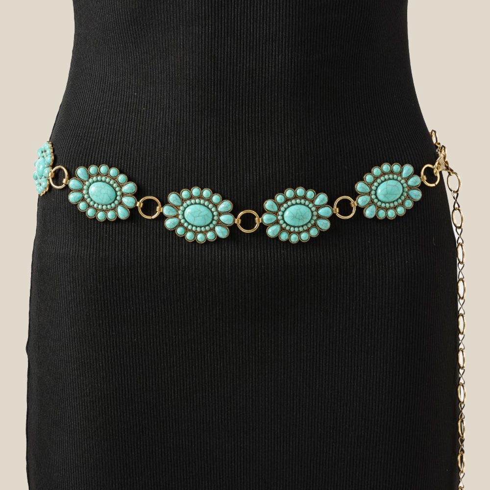 Western Turquoise Stone Bead Concho Disc Chain Belt