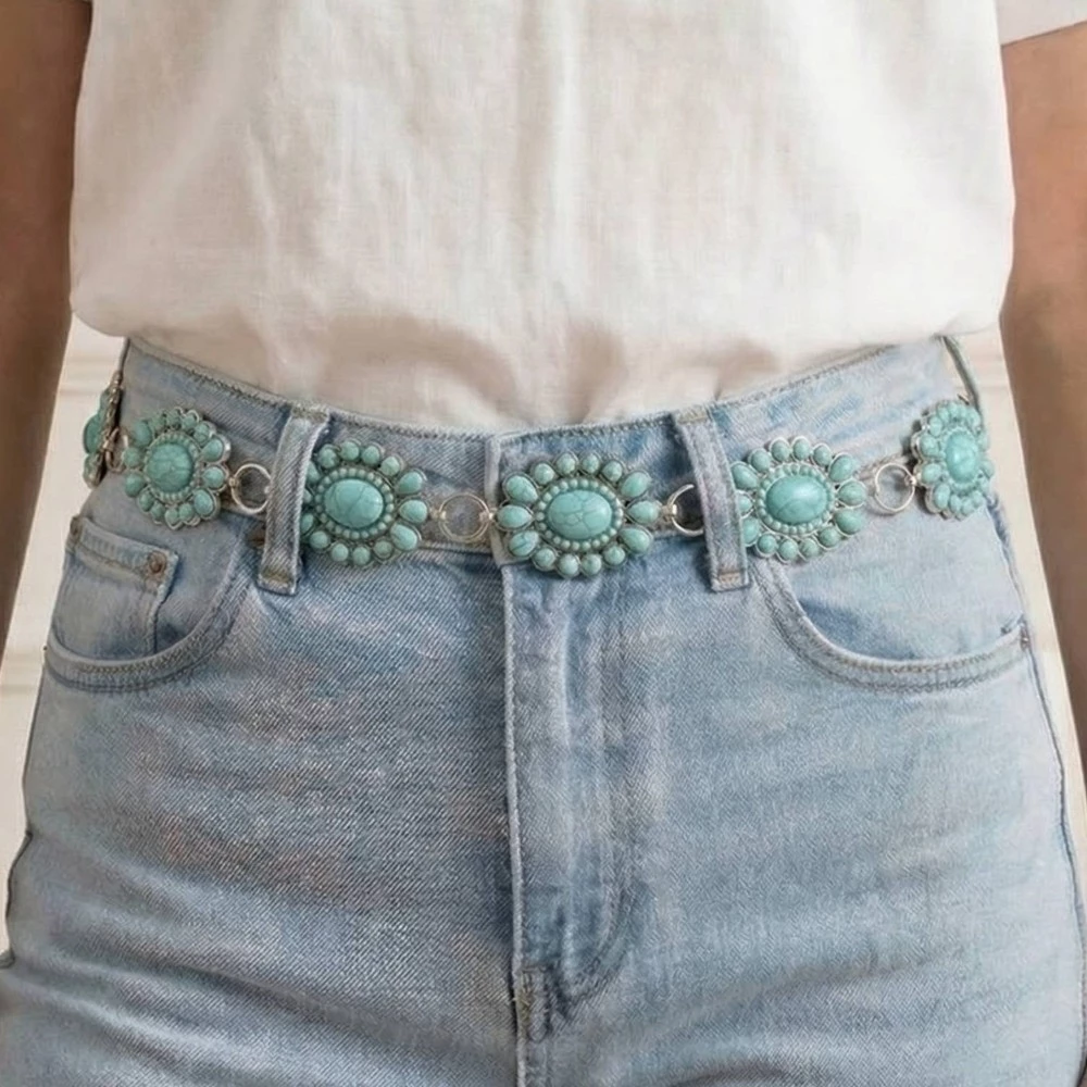 Western Turquoise Stone Bead Concho Disc Chain Belt
