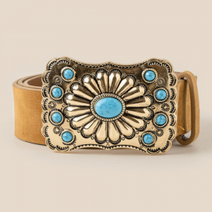 Western Style Large Ornate Buckle Vegan Leather Belt