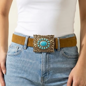 Suede Wide Turquoise Cluster Buckle Belt