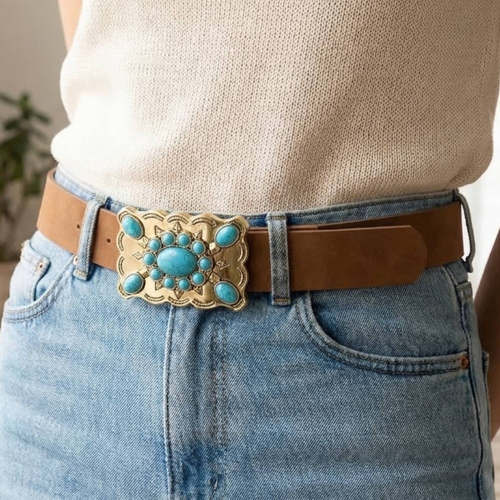 Western Style Turquoise Stone Large Ornate Buckle Belt
