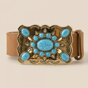 Western Style Turquoise Stone Large Ornate Buckle Vegan Leather Belt