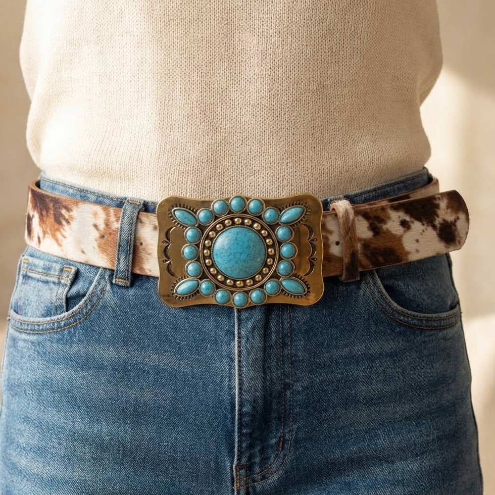 Large Western Turquoise Stone Concho Buckle Belt