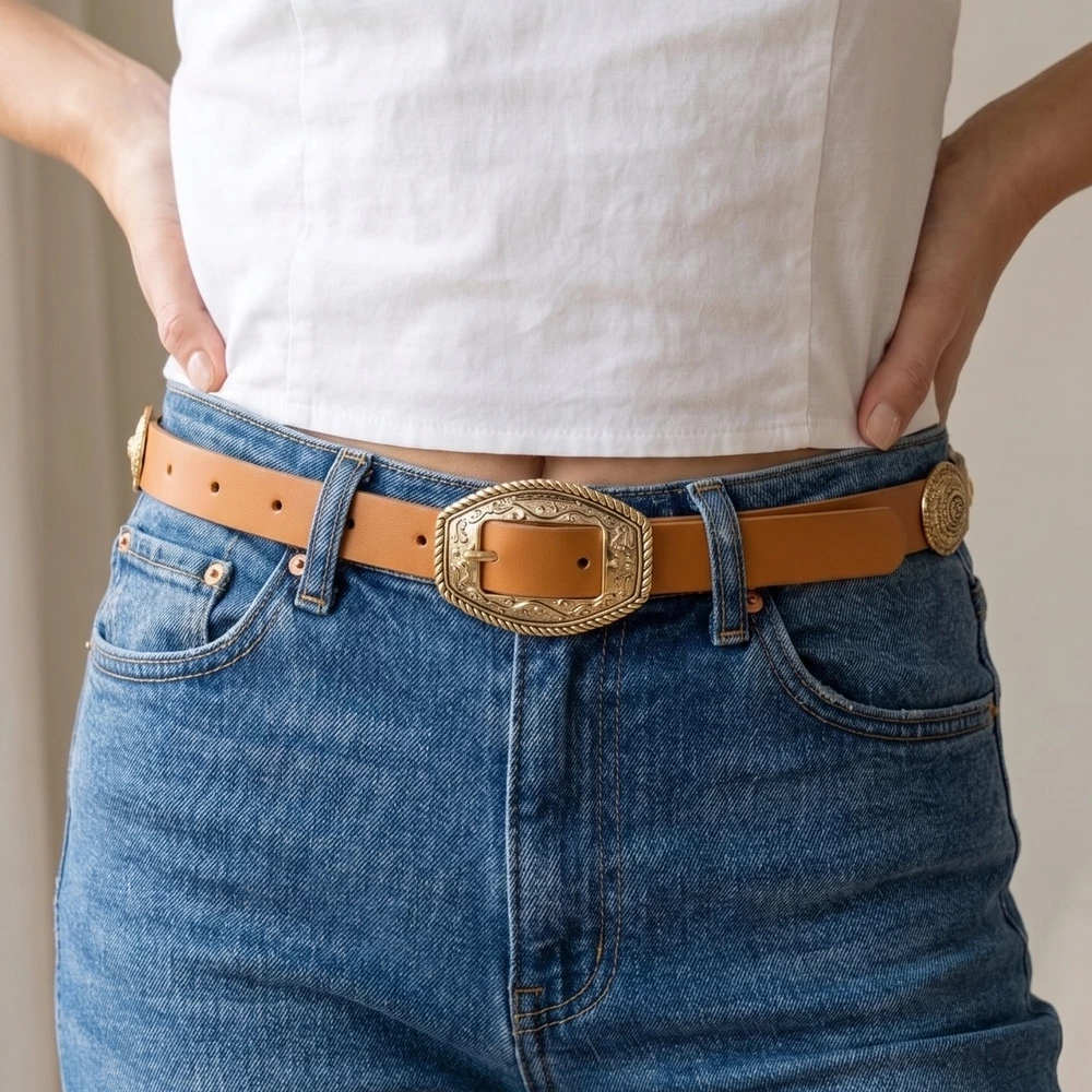 Western Engraved Buckle Concho Vegan Belt