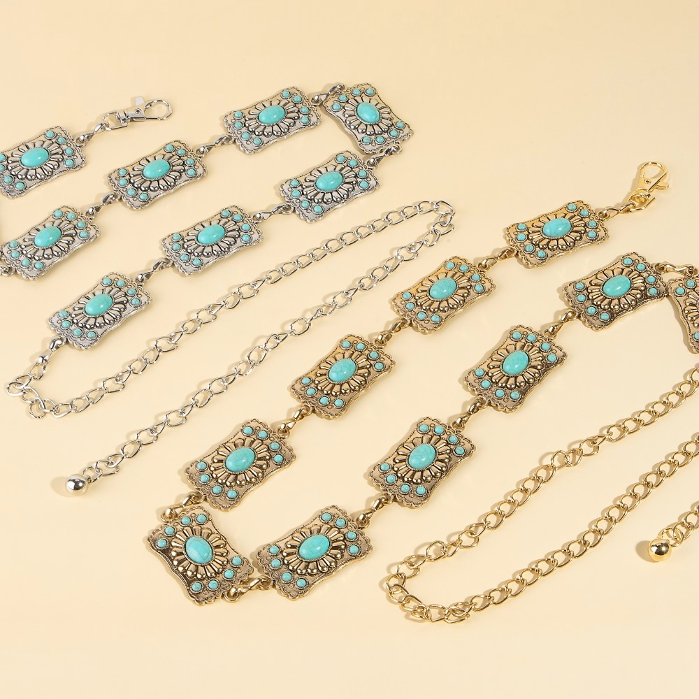 Turquoise Stone Detail Western Concho Chain Belt