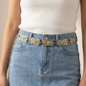 Turquoise Stone Detail Western Concho Chain Belt
