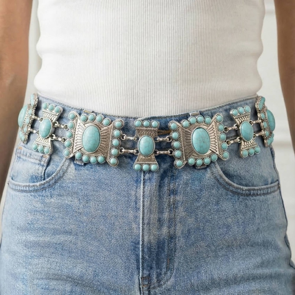Turquoise Stone Western Concho Chain Belt