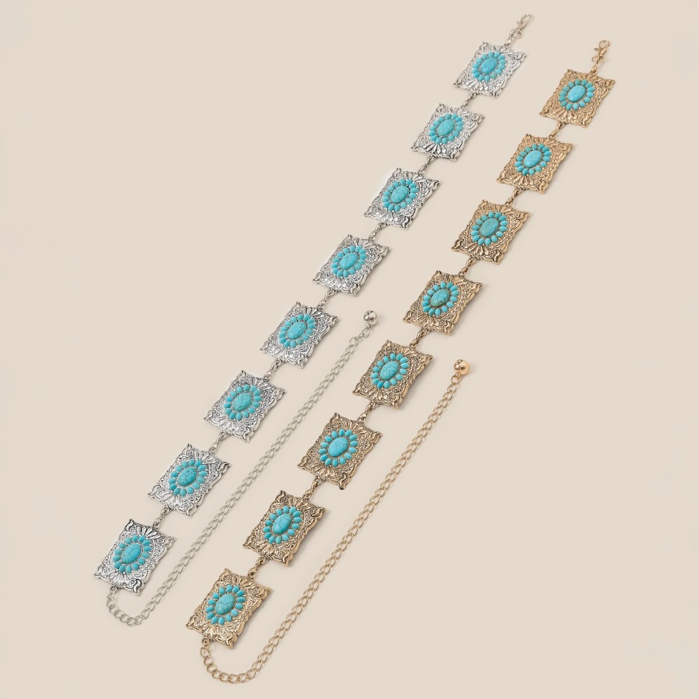 Ornate Western Turquoise Cluster Square Concho Chain Belt
