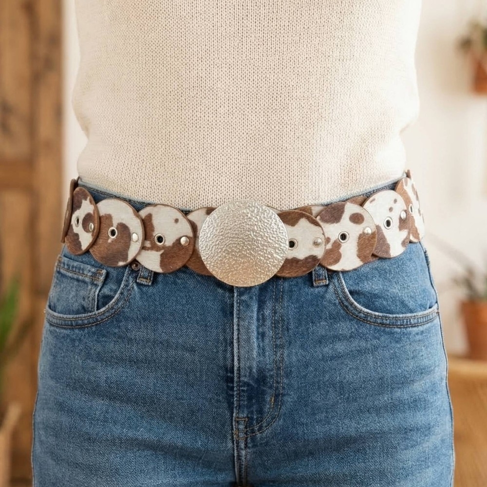 Western Inspired Faux Cowhide Large Round Buckle Belt