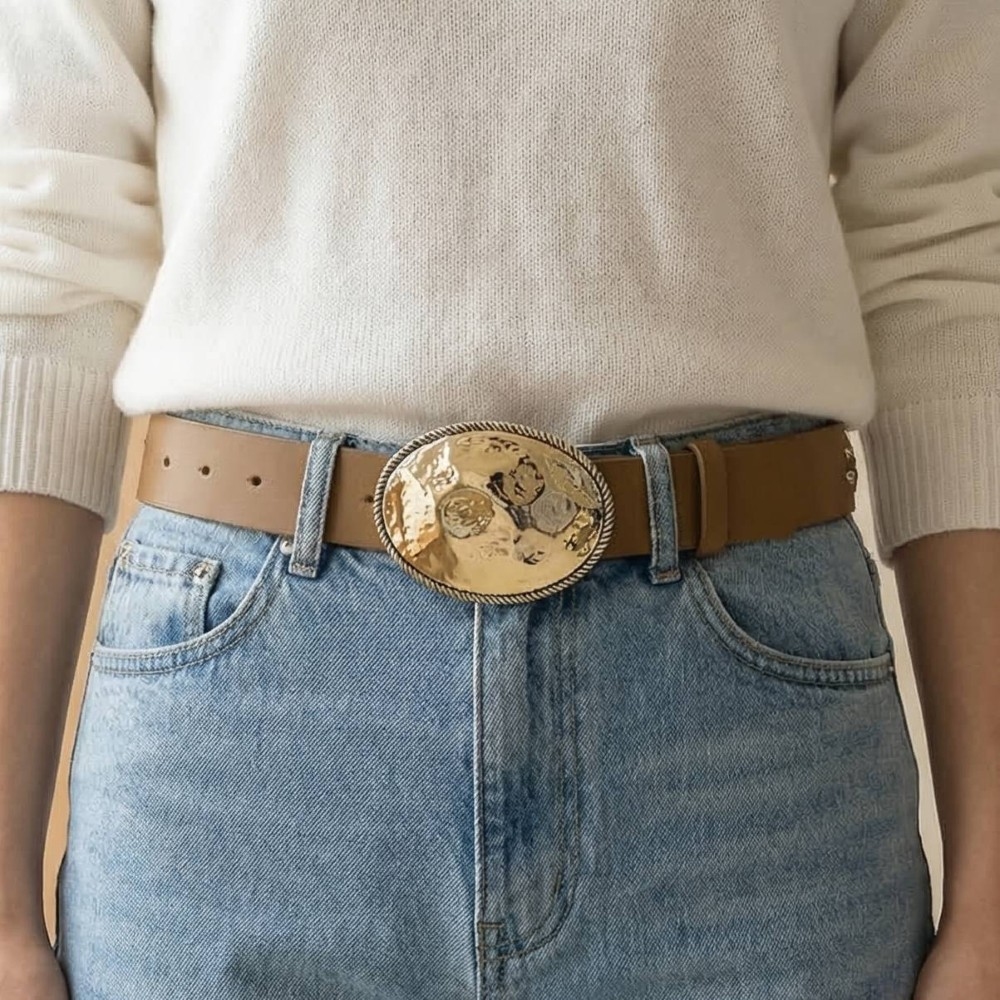 Western Style Hammered Oval Buckle Faux Leather Belt