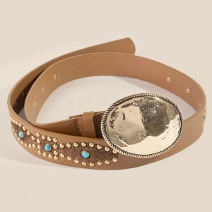 Western Style Hammered Oval Buckle Vegan Leather Belt