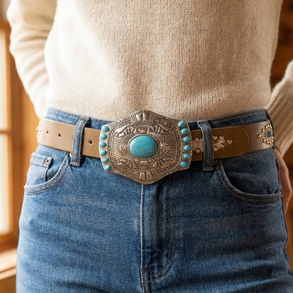 Turquoise Stone Western Concho Buckle Faux Leather Belt