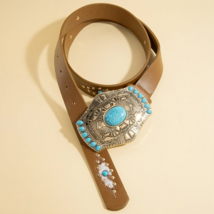 Turquoise Stone Western Concho Buckle Vegan Leather Belt