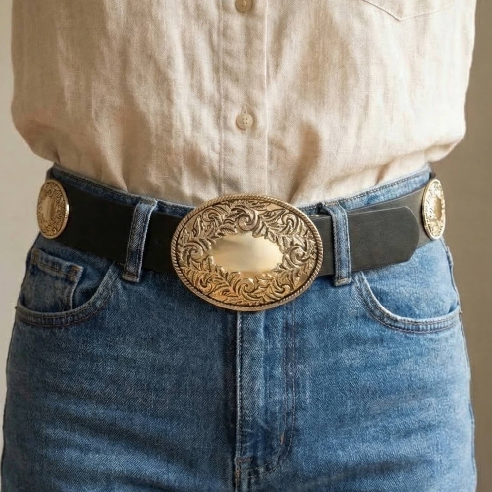 Western Large Engraved Oval Buckle Belt