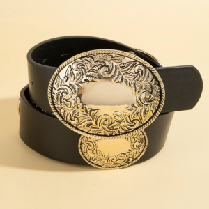 Western Large Engraved Oval Buckle Vegan Leather Belt
