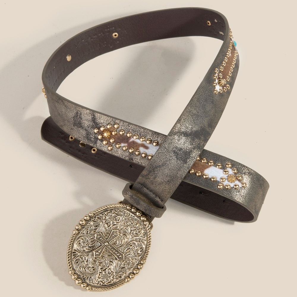 Vegan Leather Embroidered Cowboy Buckle Belt