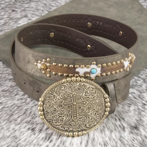 Cross Filigree Concho Cowhide Inlay Belt