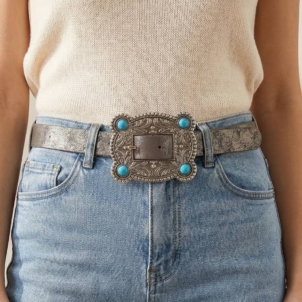 Western Turquoise Stud Rectangle Concho Buckle Belt