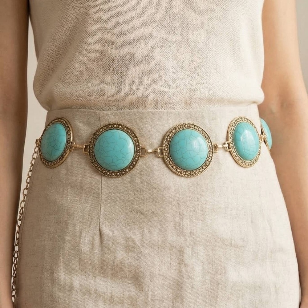 Large Western Concho Round Turquoise Stone Chain Belt