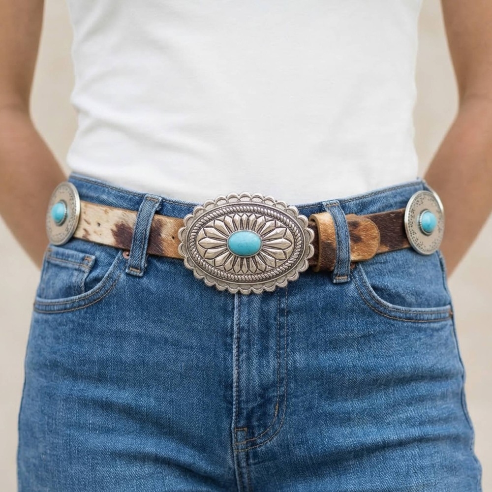 Unique Oval Concho Buckle Western Belt