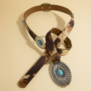 Unique Oval Concho Buckle Western Vegan Leather Belt