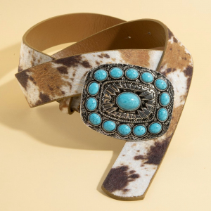 Turquoise Stone Western Concho Buckle Vegan Leather Belt