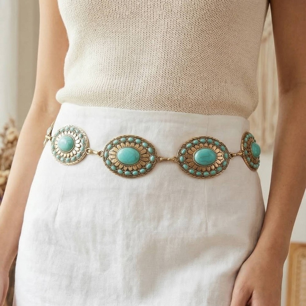 Western Mixed Turquoise Stud Oval Concho Chain Belt