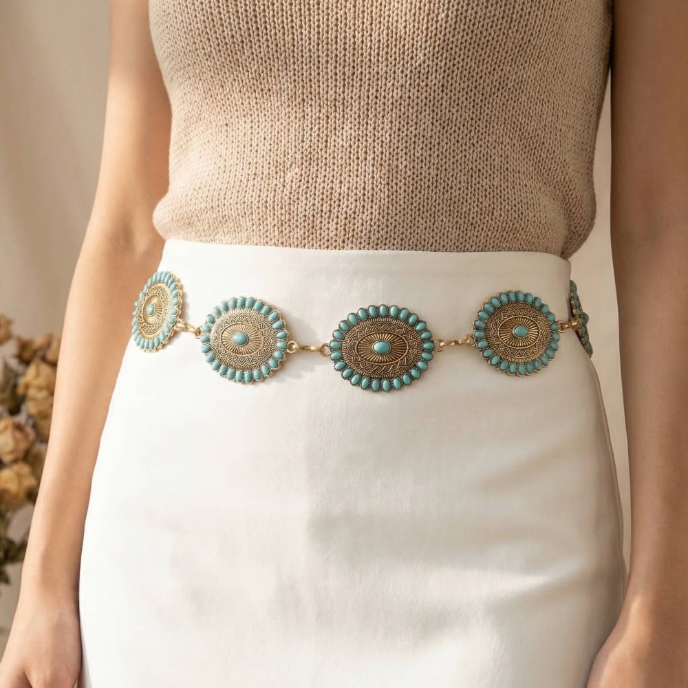 Western Mini Turquoise Stud Oval Concho Chain Belt