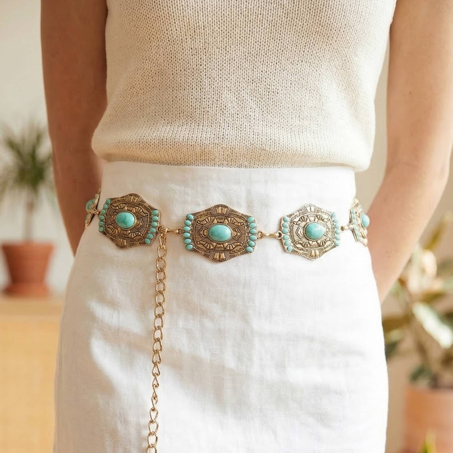 Western Mini Turquoise Stud Rectangle Concho Chain Belt