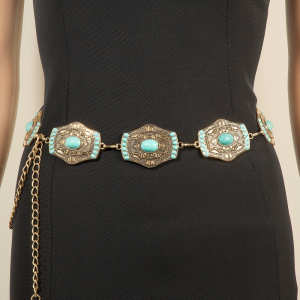 Western Mini Turquoise Stud Rectangle Concho Chain Belt