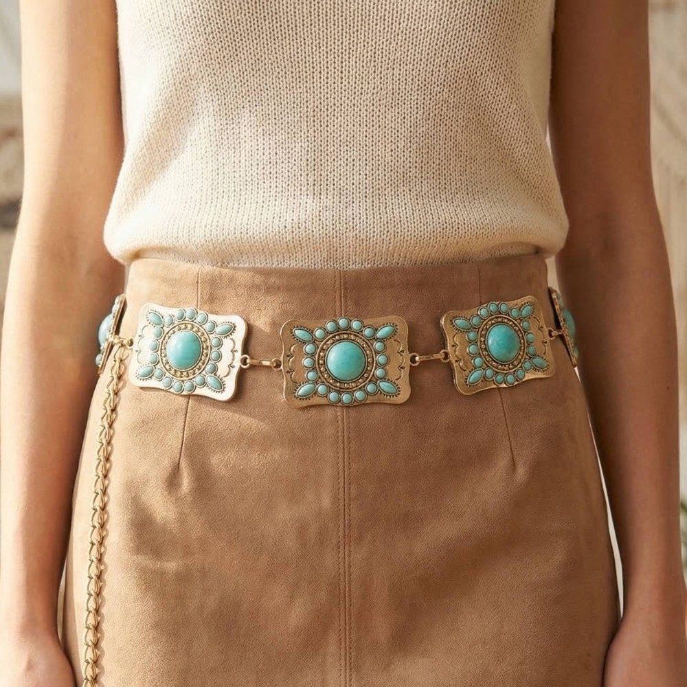 Western Turquoise Studded Rectangle Concho Chain Belt