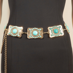 Western Turquoise Studded Rectangle Concho Chain Belt