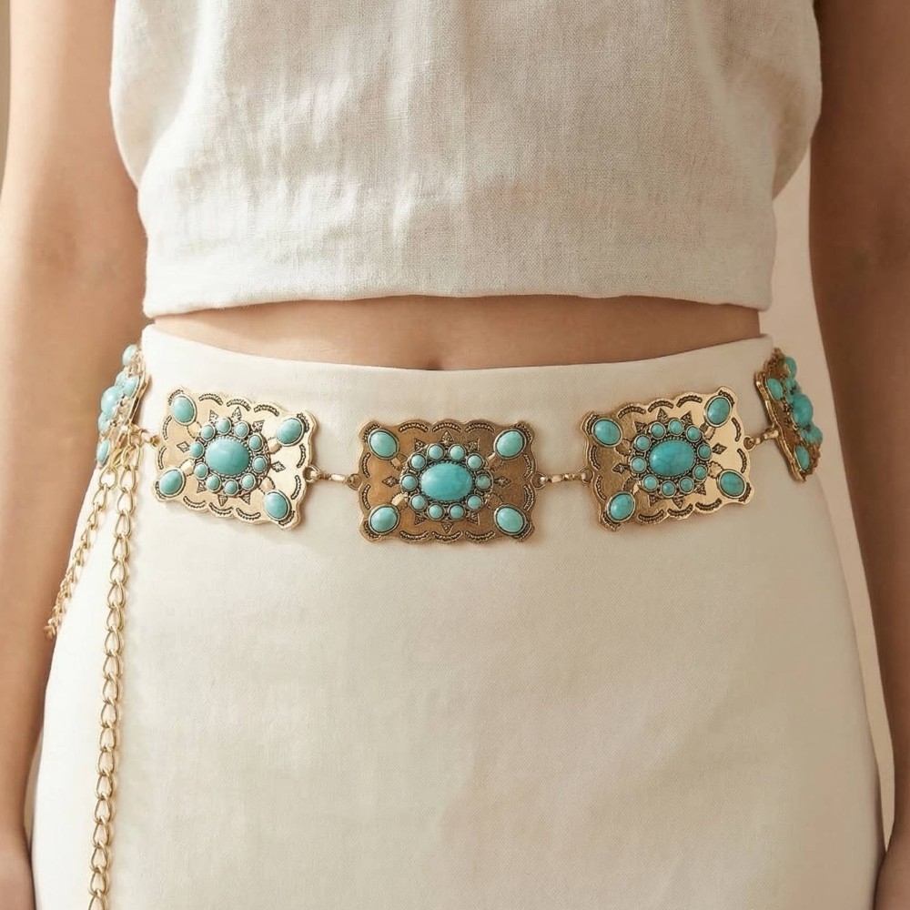 Western Mixed Turquoise Stud Rectangle Concho Chain Belt