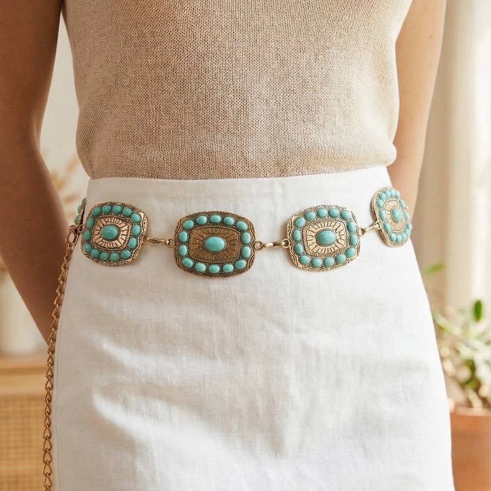Western Turquoise Round Studded Rectangle Concho Chain Belt
