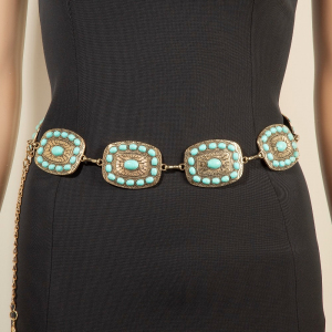 Western Turquoise Round Studded Rectangle Concho Chain Belt
