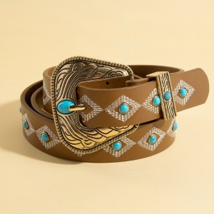 Western Embroidered Buckle Pattern Vegan Leather Belt