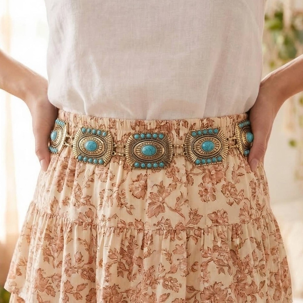 Western Concho Turquoise Stone Detail Chain Belt