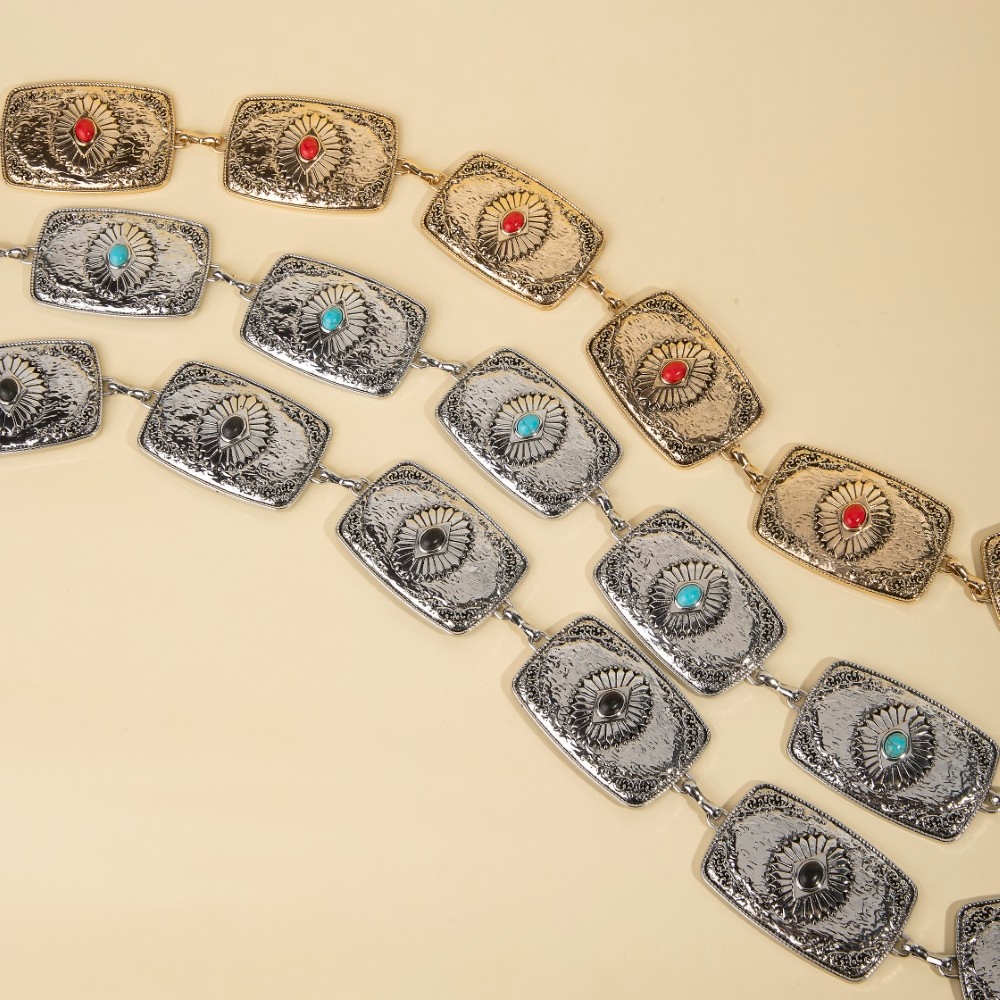 Stone Detail Western Rectangle Concho Chain Belt