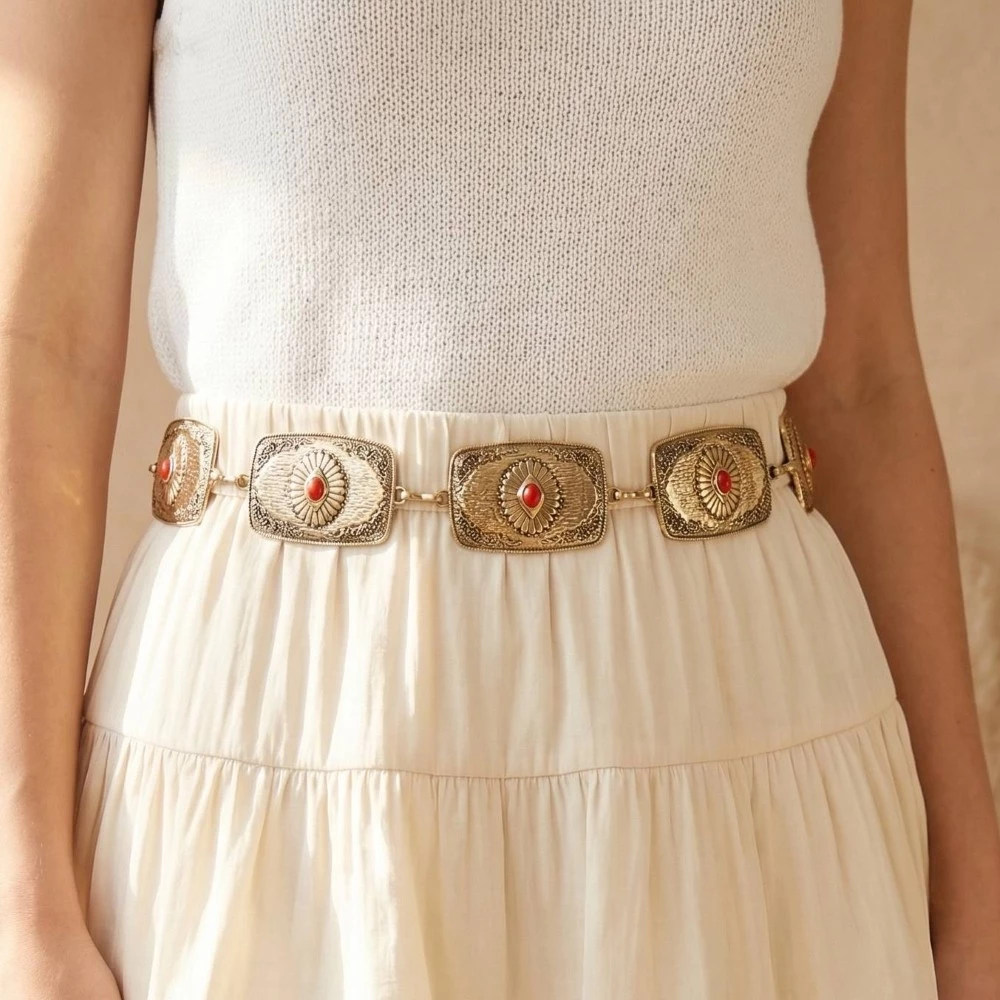 Stone Detail Western Rectangle Concho Chain Belt