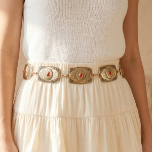 Stone Detail Western Rectangle Concho Chain Belt