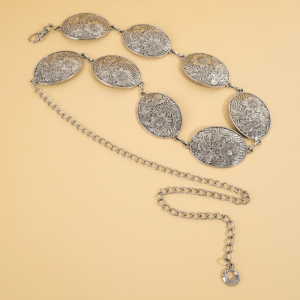Flower Engraved Oval Concho Chain Belt