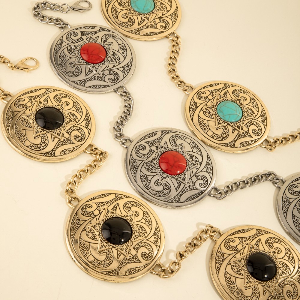 Stone Stud Western Engraved Disc Chain Belt