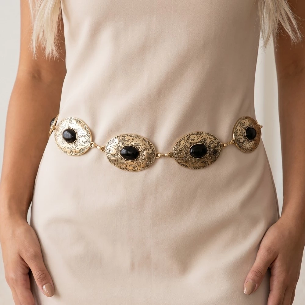Oval Stone Western Concho Chain Belt