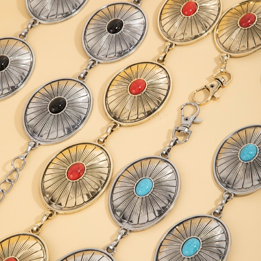 Oval Stone Stud Engraved Western Oval Chain Belt